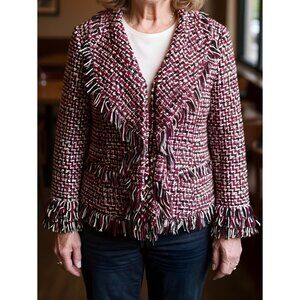 Whitehouse Black Market 14  Red Black Tweed Fringe Jacket Professional Blazer